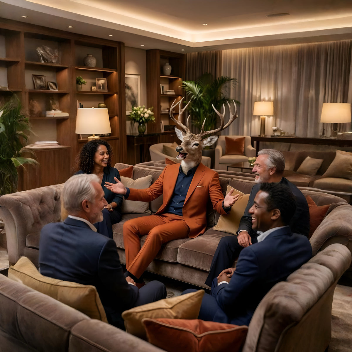 Man in an orange suit with deer head mask sitting among people in a luxurious living room.