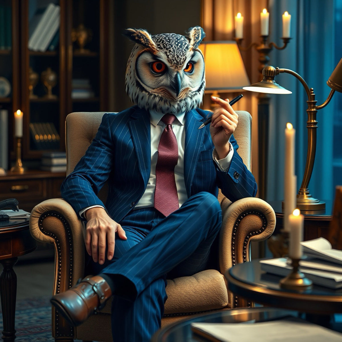 Humanoid with an owl head in a formal setting with books and candles.
